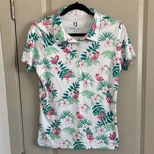 Eversole Run Tropical Flamingo Polo - White with Pink & Teal golf polo